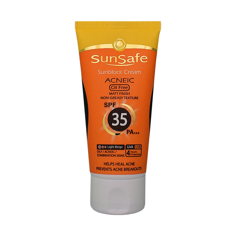 کرم ضد آفتاب رنگی بژ روشن پوست های چرب و آکنه ای سان سیف SPF35 حجم 50 میلی لیتر