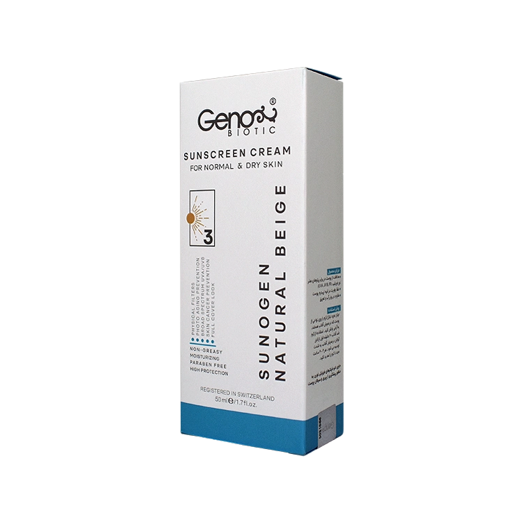 قیمت کرم ضد آفتاب بژ طبیعی پوست های خشک و معمولی سانوژن ژنوبایوتیک SPF50 حجم 50 میلی لیتر