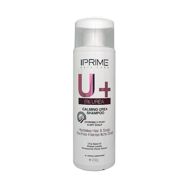 شامپو پوست سر خشک و دارای خارش اوره 5 درصد پرایم مدل +U حجم 250 میلی لیتر