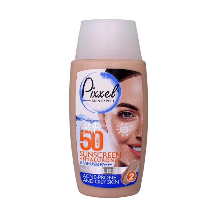 کرم ضد آفتاب بژ طبیعی پوست های چرب و جوش دار پیکسل SPF50 حجم 50 میلی لیتر