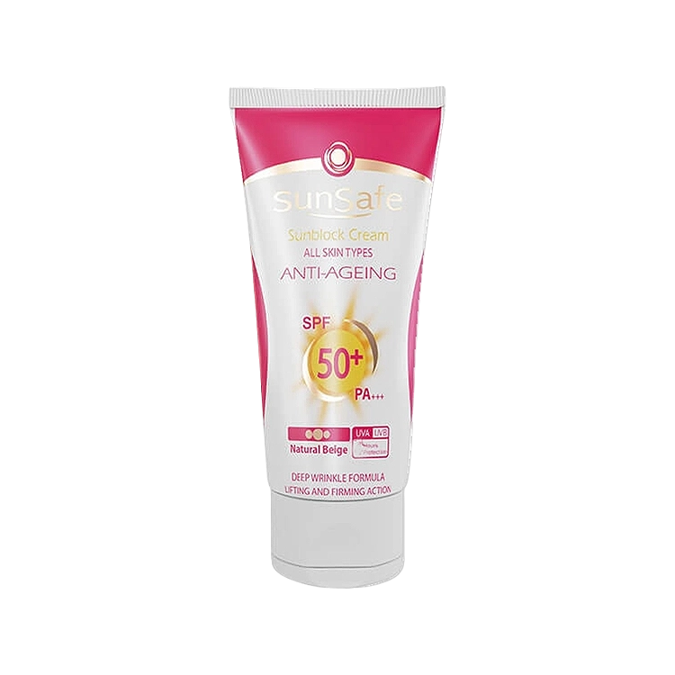 کرم ضد آفتاب ضد چروک رنگی بژ طبیعی انواع پوست سان سیف SPF50 حجم 50 میلی لیتر