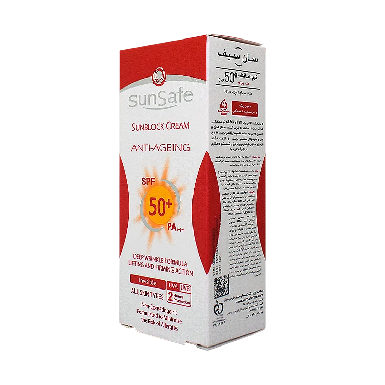 قیمت کرم ضد آفتاب ضد چروک بی رنگ انواع پوست سان سیف SPF50 حجم 50 میلی لیتر