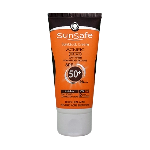 کرم ضد آفتاب بی رنگ پوست های چرب و آکنه ای سان سیف SPF50 حجم 50 میلی لیتر