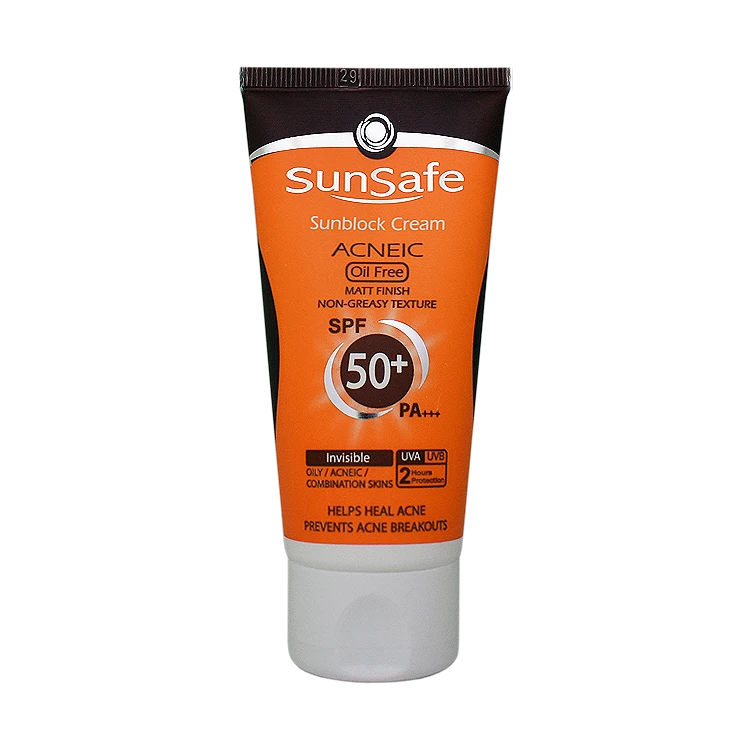 کرم ضد آفتاب بی رنگ پوست های چرب و آکنه ای سان سیف SPF50 حجم 50 میلی لیتر