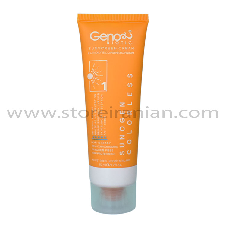 کرم ضد افتاب SPF50 بی رنگ ژنوبایوتیک مناسب پوست چرب GenoBiotic Sunscreen Cream Spf50 For Oily Skin 